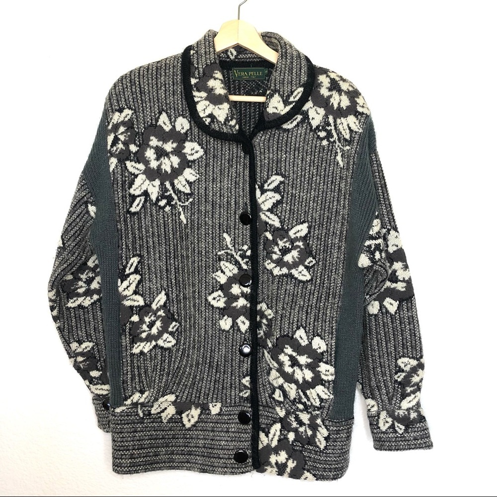 Vera Pelle wool mohair floral knit cardigan with pockets